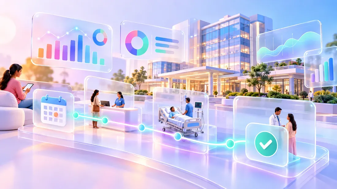 Illustration of a connected hospital: glass dashboards and a patient journey from appointment booking to admission and discharge